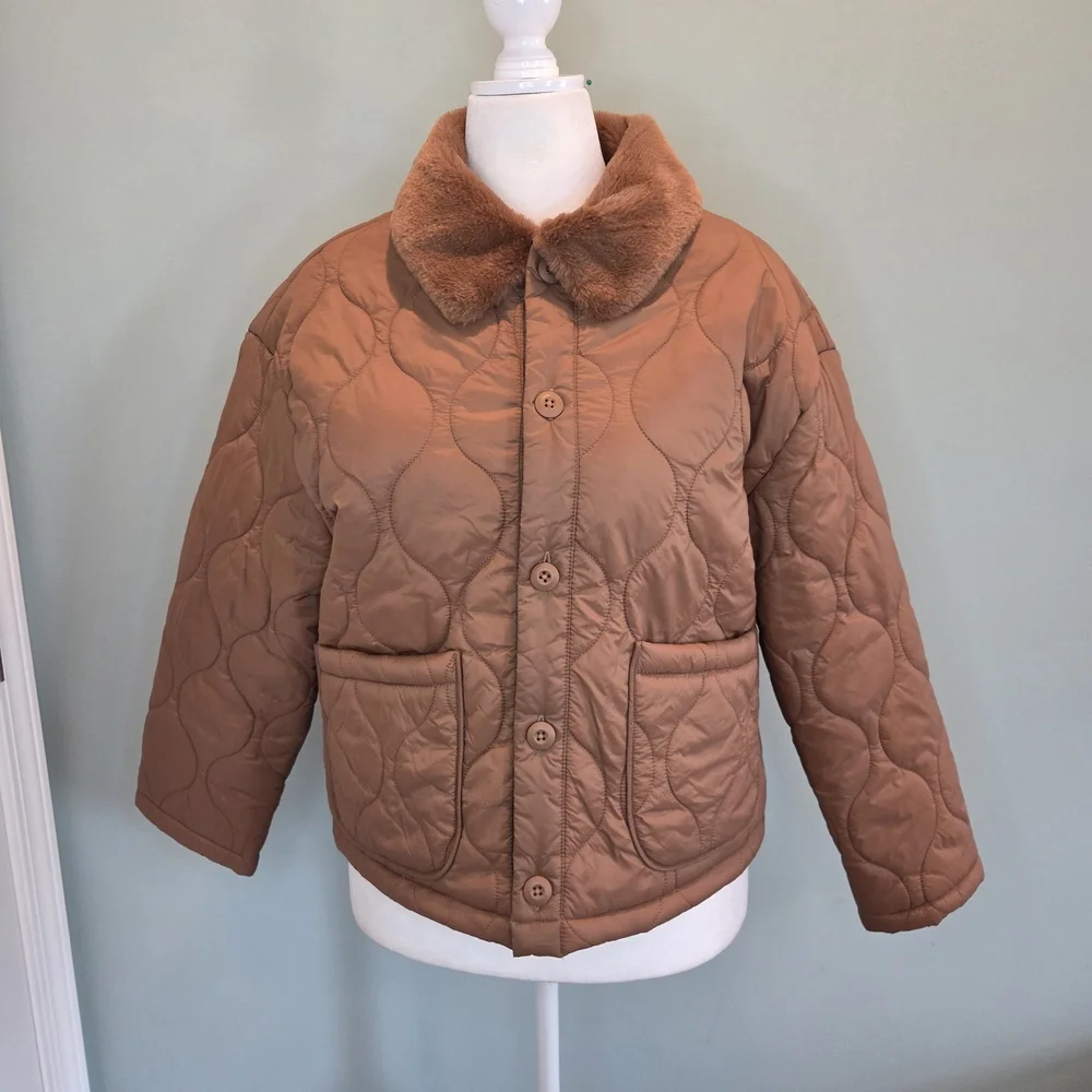 OFFLINE by Aerie Real Luxe Quilted Puffer Jacket Faux Fur Collar Brown Small - Picture 2 of 12